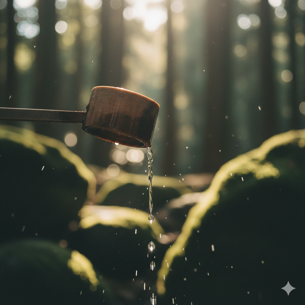 木の柄杓で湧き水をすくう様子