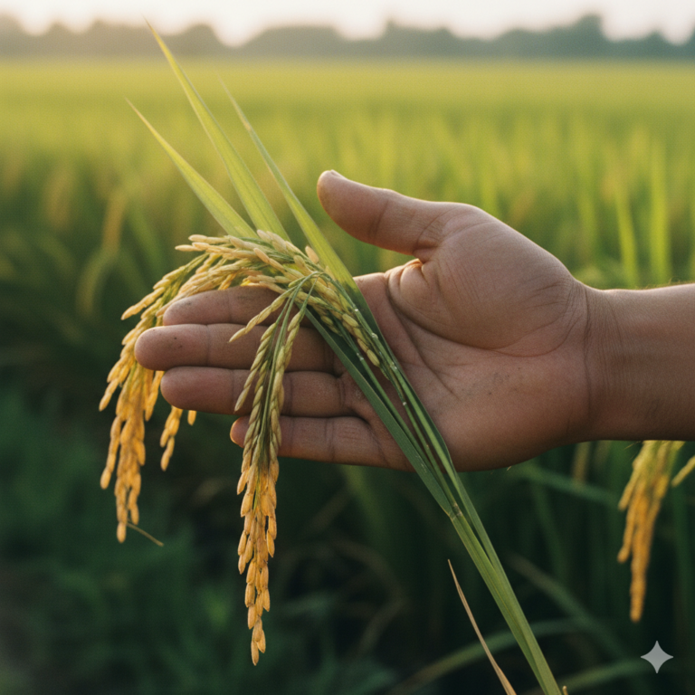 農家の手のひらに載せた黄金色の稲穂