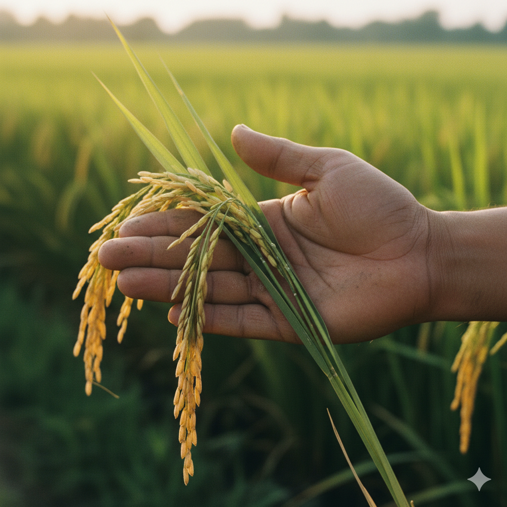 農家の手のひらに載せた黄金色の稲穂