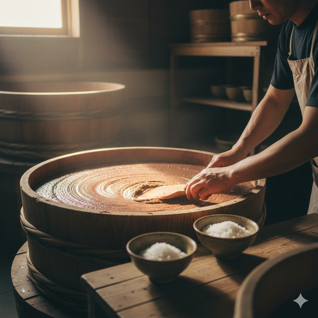 味噌蔵の木桶で味噌をならす職人の手