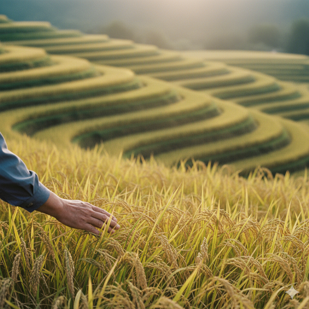 九州の棚田で黄金色の稲穂に触れる農家の手