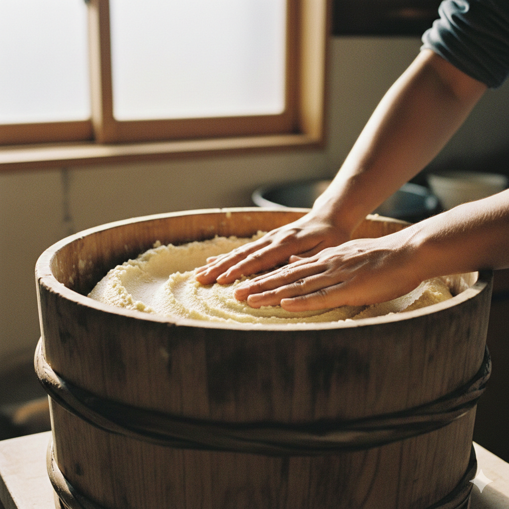 九州の味噌蔵で木桶に手を添えて味噌を仕込む職人の手