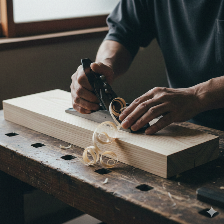 木工職人が鉋で白木を削る手元、薄く巻いた削り屑が舞う