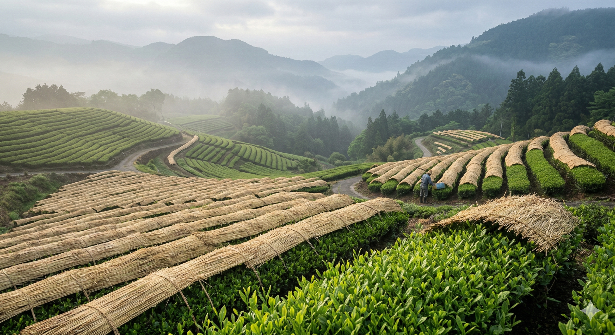 朝霧に包まれた九州の玉露茶園、稲わらで覆われた茶畝と作業する職人